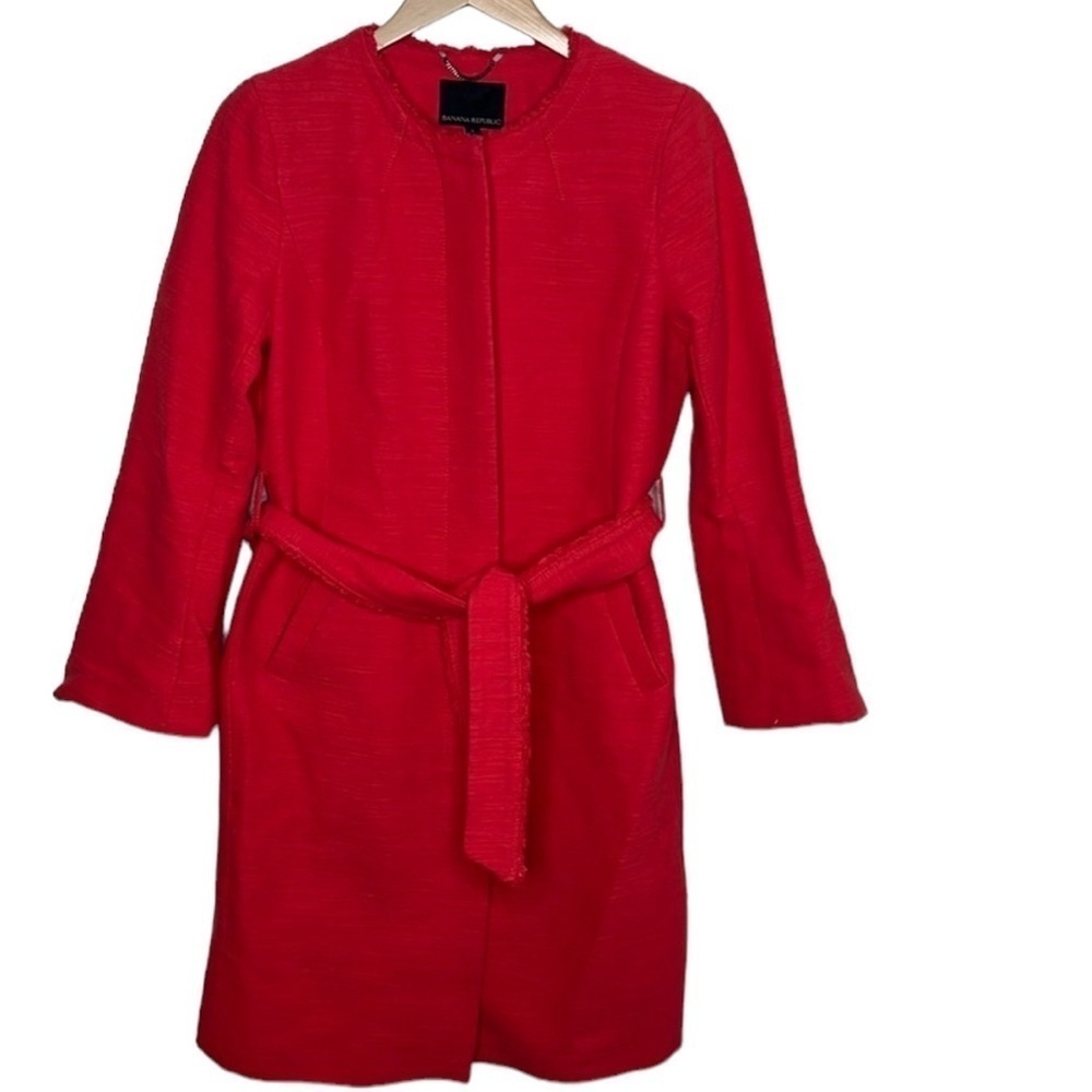 Banana Republic Red Boucle Long Collarless Belted Coat Size S BLEMISH